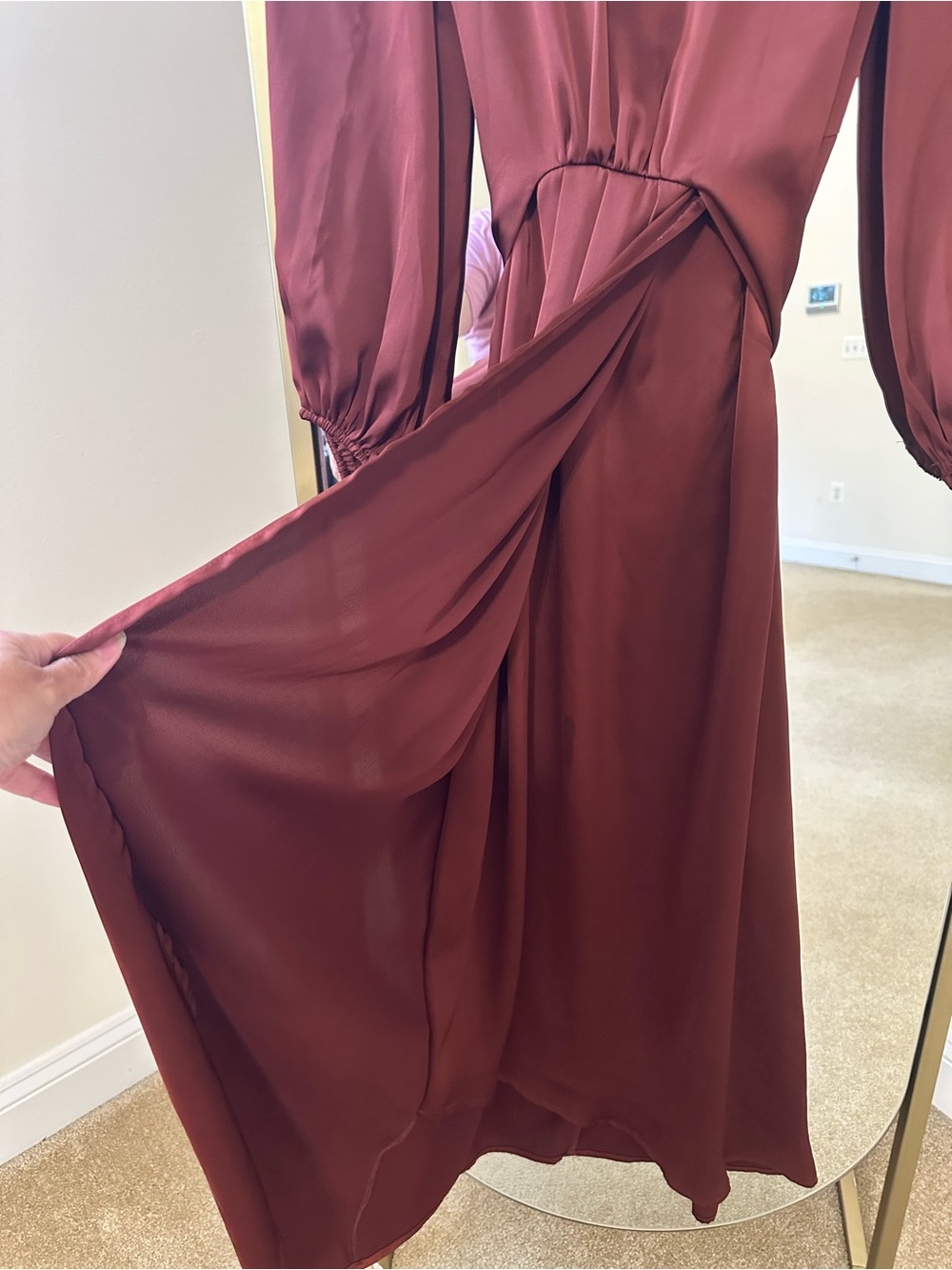 Long Burgundy Satin Dress with Puff Sleeves - Picture 4 of 9